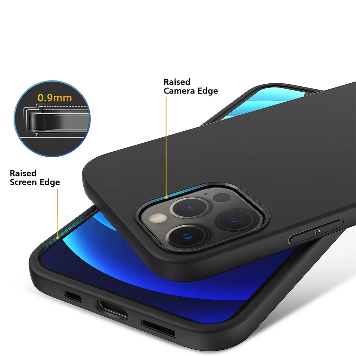 Schwarze Silikonhülle auf iPhone 13 Pro, Nahaufnahme von hinten, erhöhte Kanten.