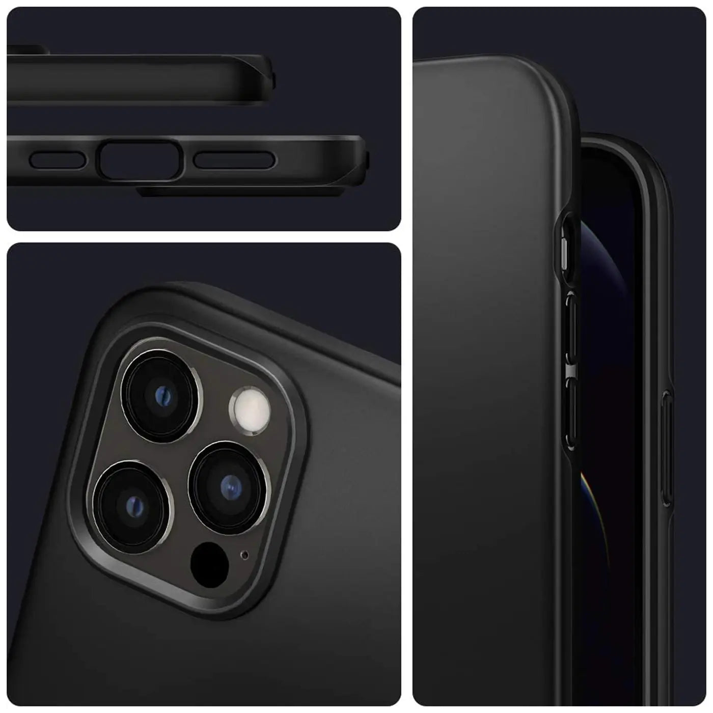 Schwarze Silikonhülle für iPhone 13 Pro, matt, Nahaufnahme, Rückseite und Seitenansicht.