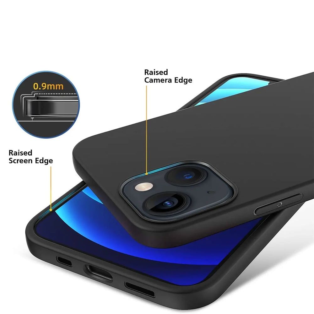Schwarze Silikonhülle auf iPhone 13, Nahaufnahme, erhöhte Kanten.