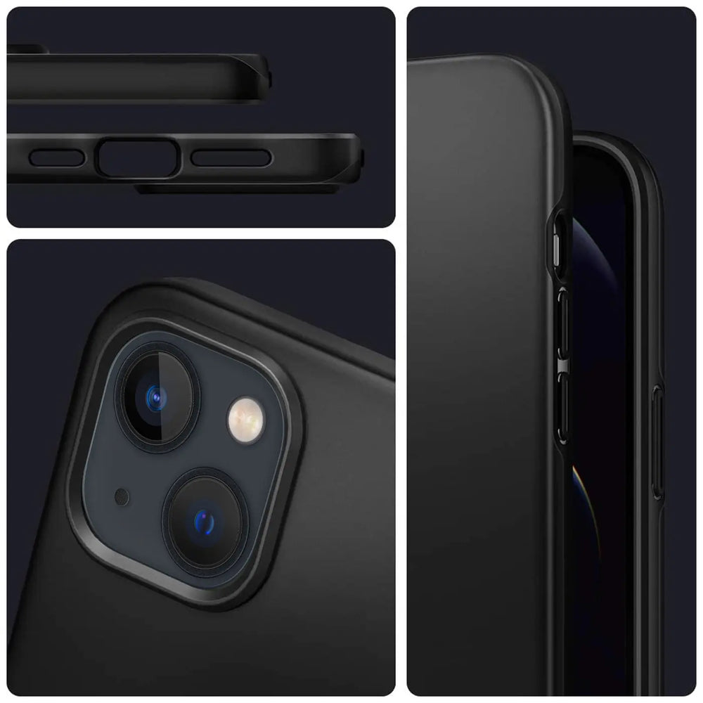 Schwarze matte Silikonhülle für iPhone 13, Nahaufnahme, Seitenansicht, Rückseite