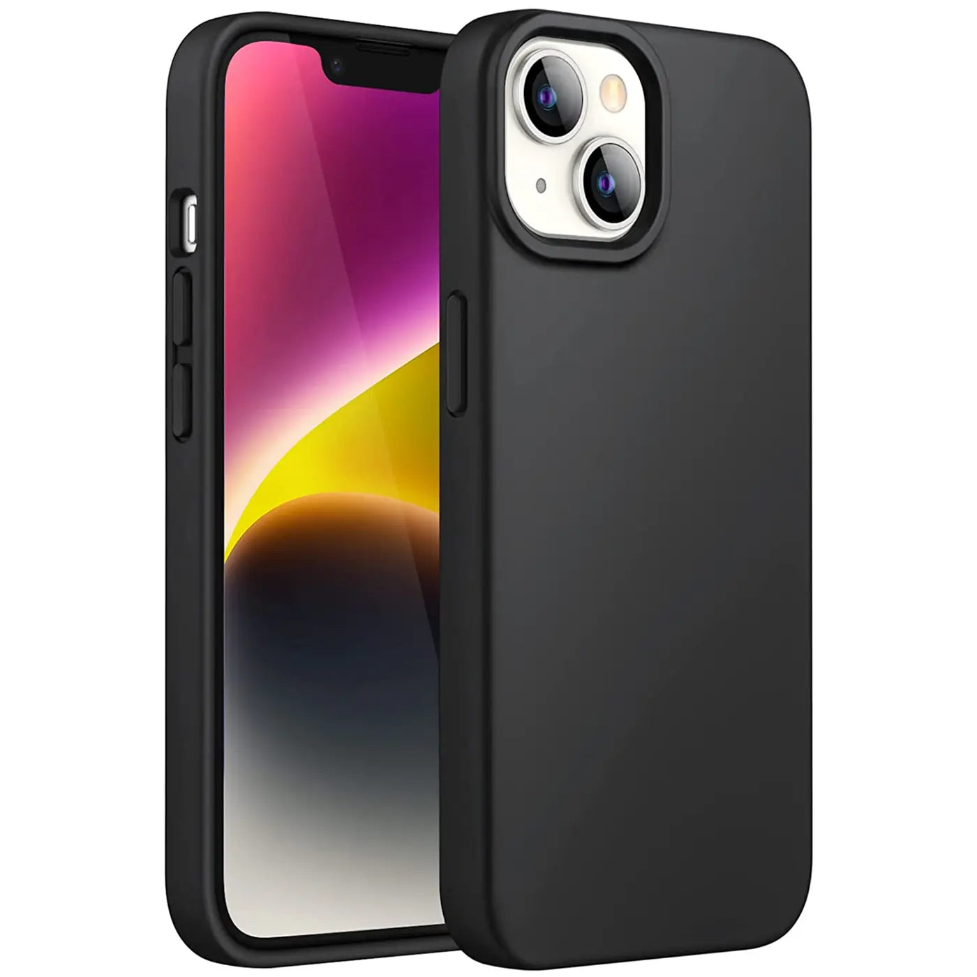 Schwarze Silikonhülle matt, seitliche Ansicht, mit iPhone 14 Plus