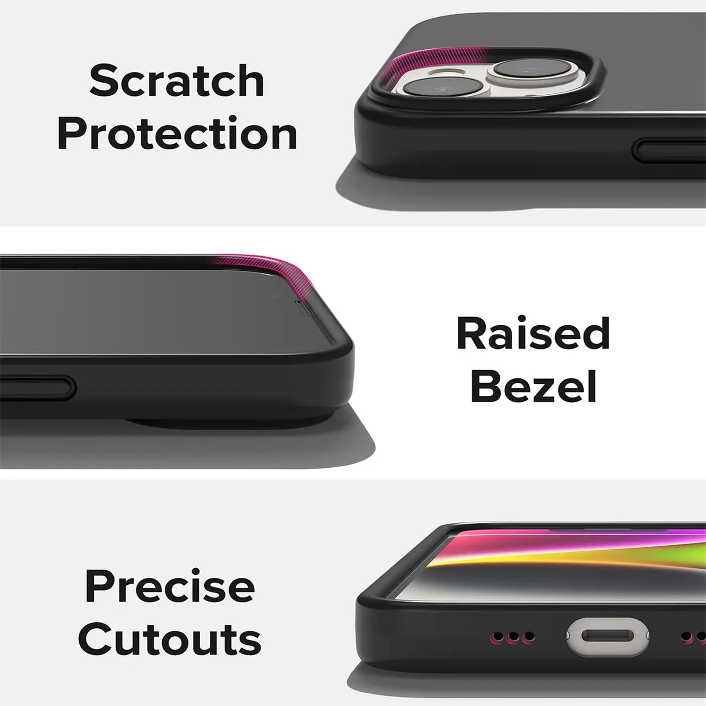Schwarze Silikonhülle für iPhone 14 Plus, Nahaufnahme, Kameraschutz, erhöhter Rand.