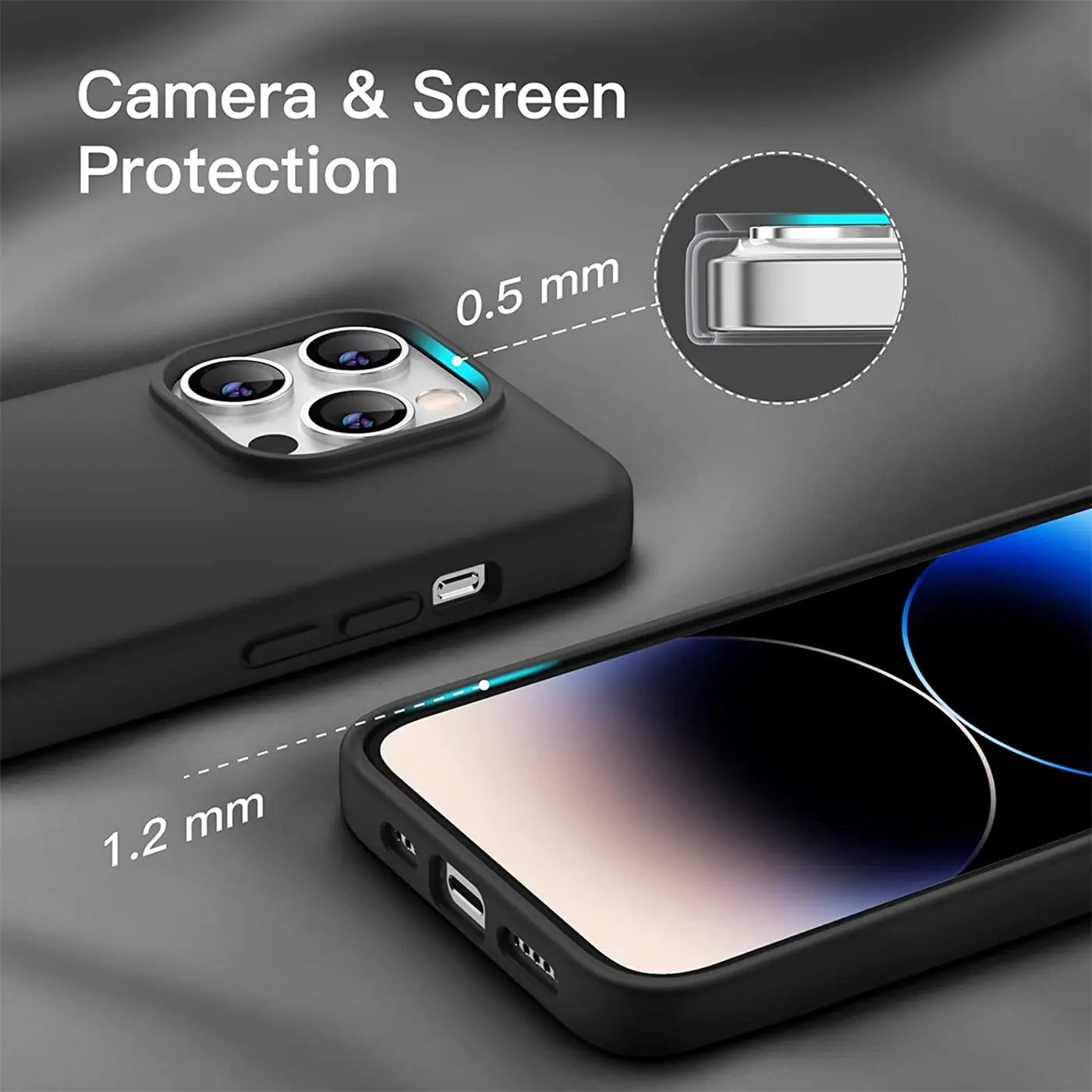 Schwarze Silikonhülle für iPhone 14 Pro Max, Nahaufnahme, zeigt Kamera- und Bildschirmschutz.
