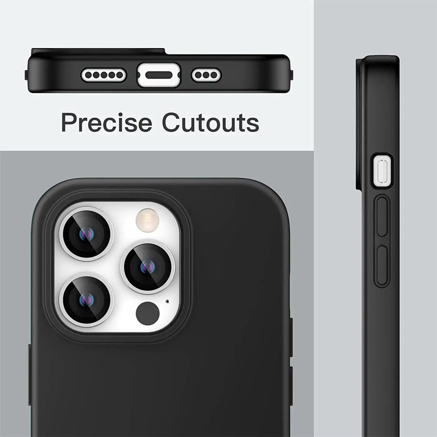 Schwarze Silikonhülle für iPhone 14 Pro, matt. Ansicht von oben, Seite und Rückseite.
