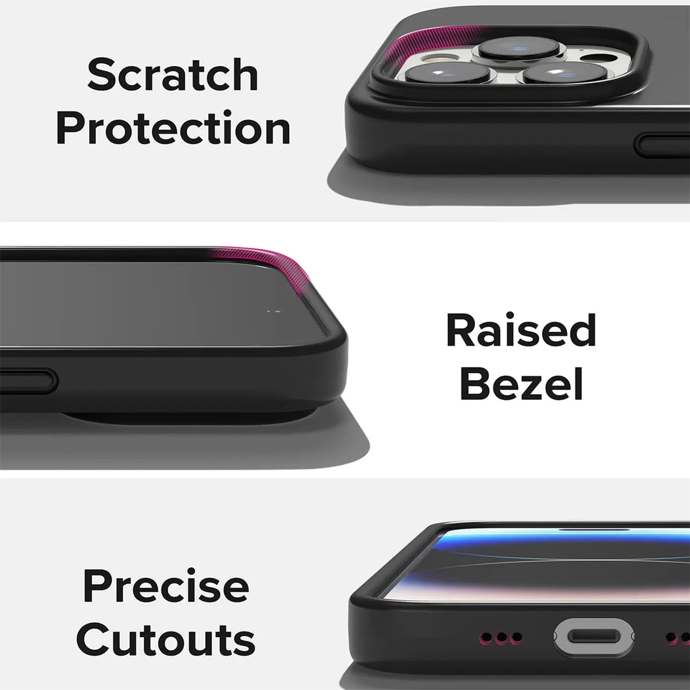Schwarze Silikonhülle für iPhone 14 Pro, Nahaufnahme, Kameraschutz, erhöhter Rand