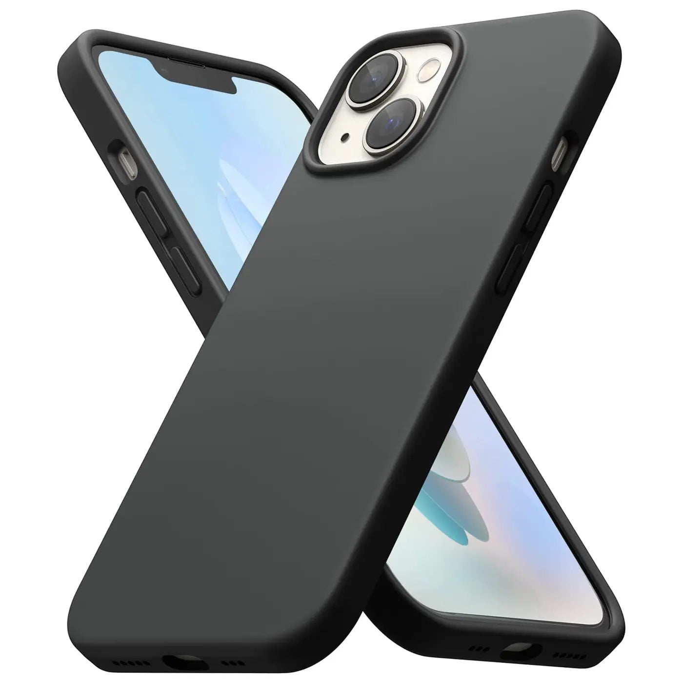 Schwarze Silikonhülle für iPhone 14, matt, von schräg oben