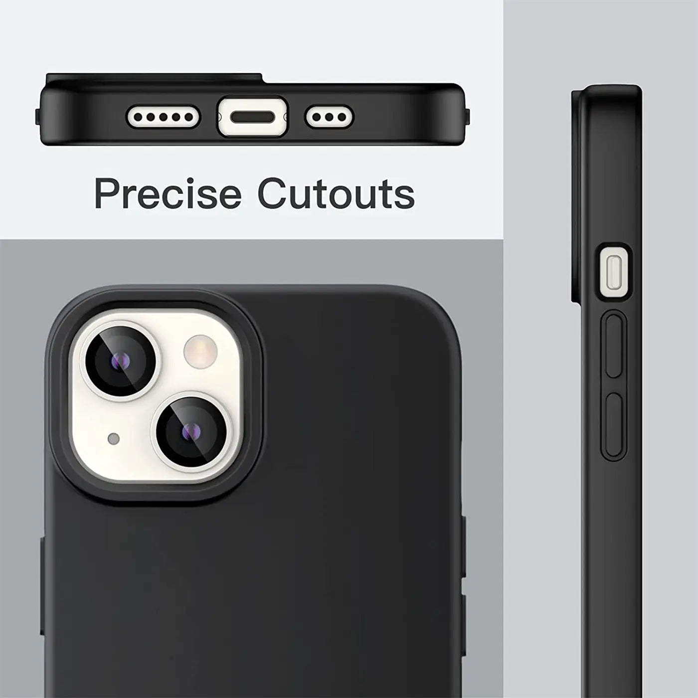 Schwarze Silikonhülle, matt, von oben und Seite, zeigt iPhone 14 Kameraaussparung.