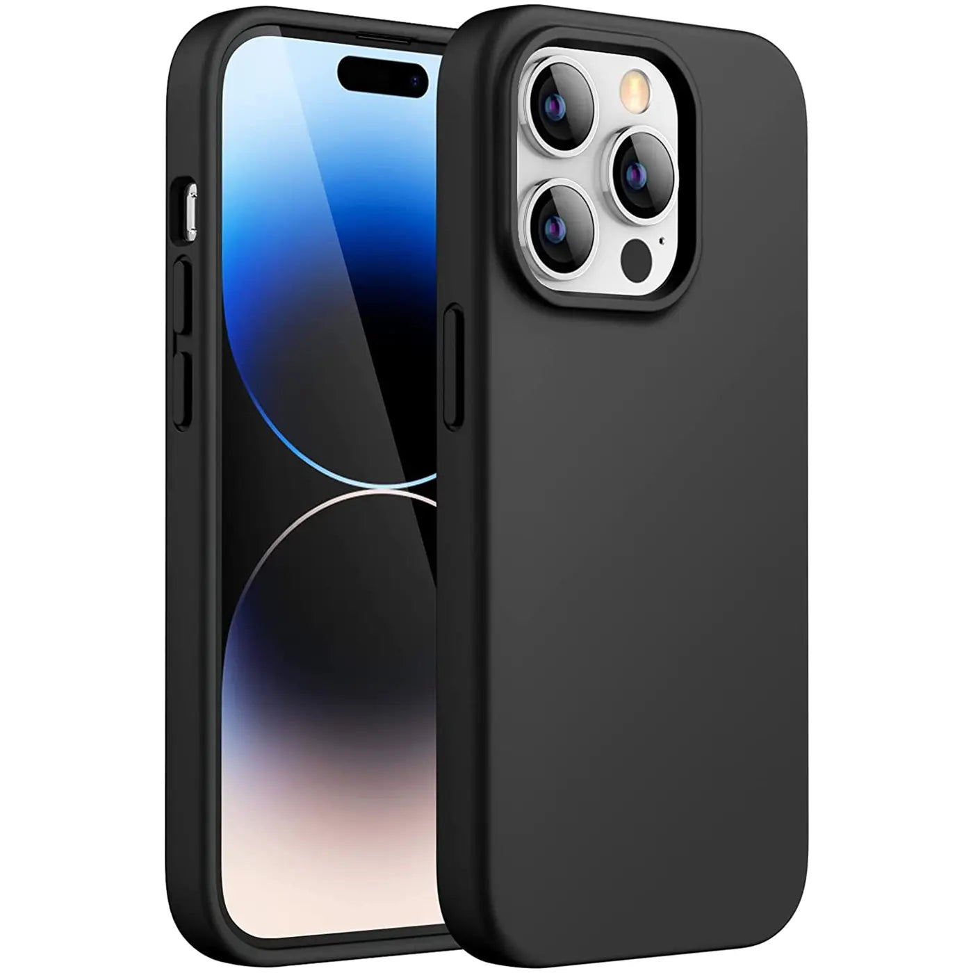 Schwarze Silikonhülle für iPhone 15 Pro, matt, von vorne links, mit drei Kameras