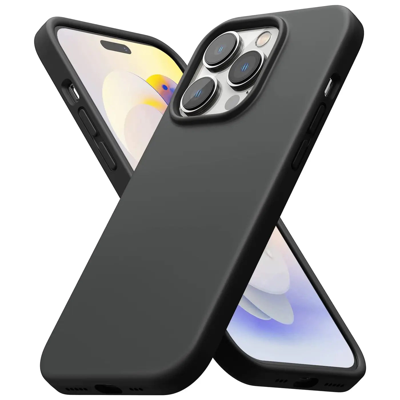 Schwarze Silikonhülle für iPhone 15 Pro, matt, von vorne schräg gezeigt.