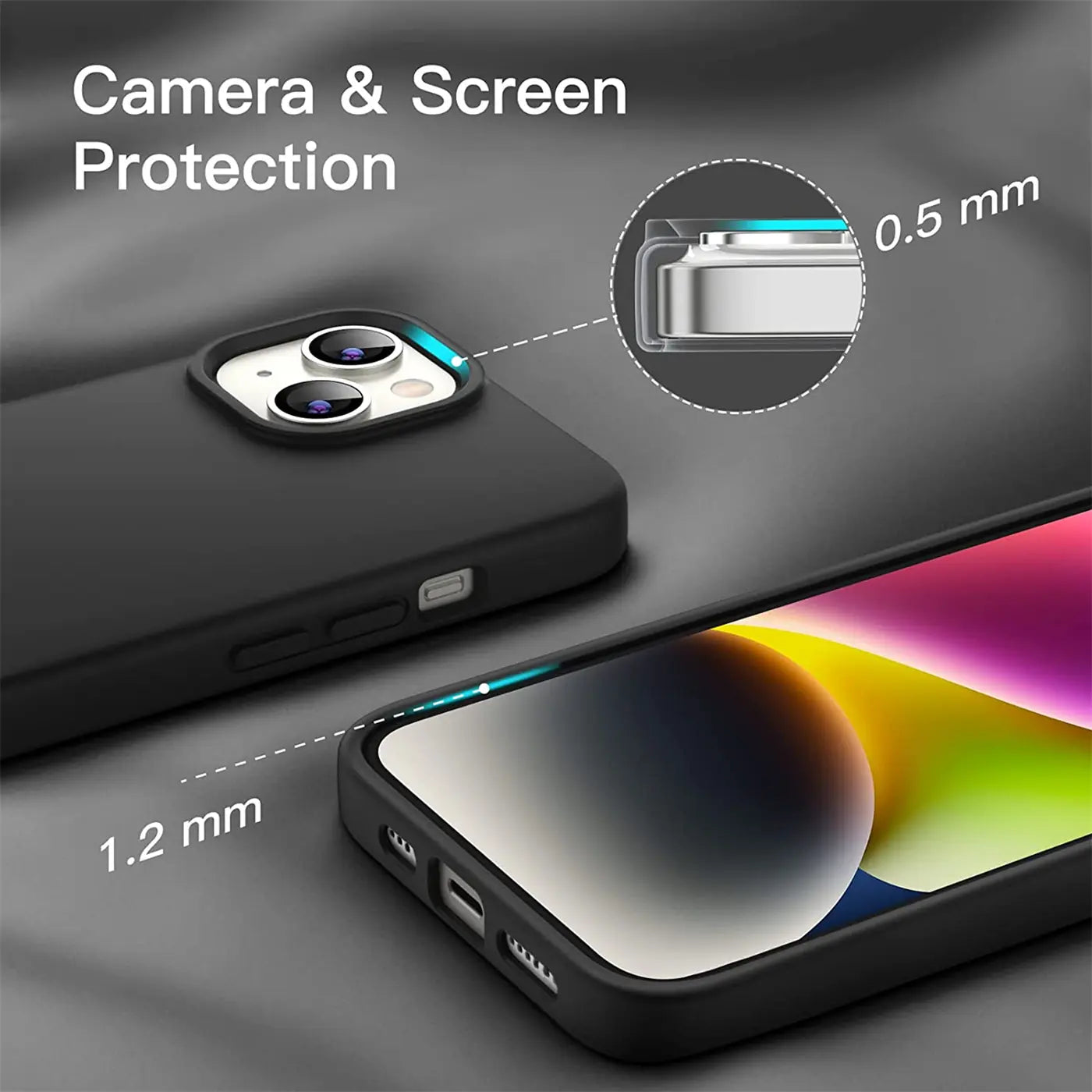 Schwarze Silikonhülle für iPhone 15, matt, Nahaufnahme, Kamera- und Displayschutz