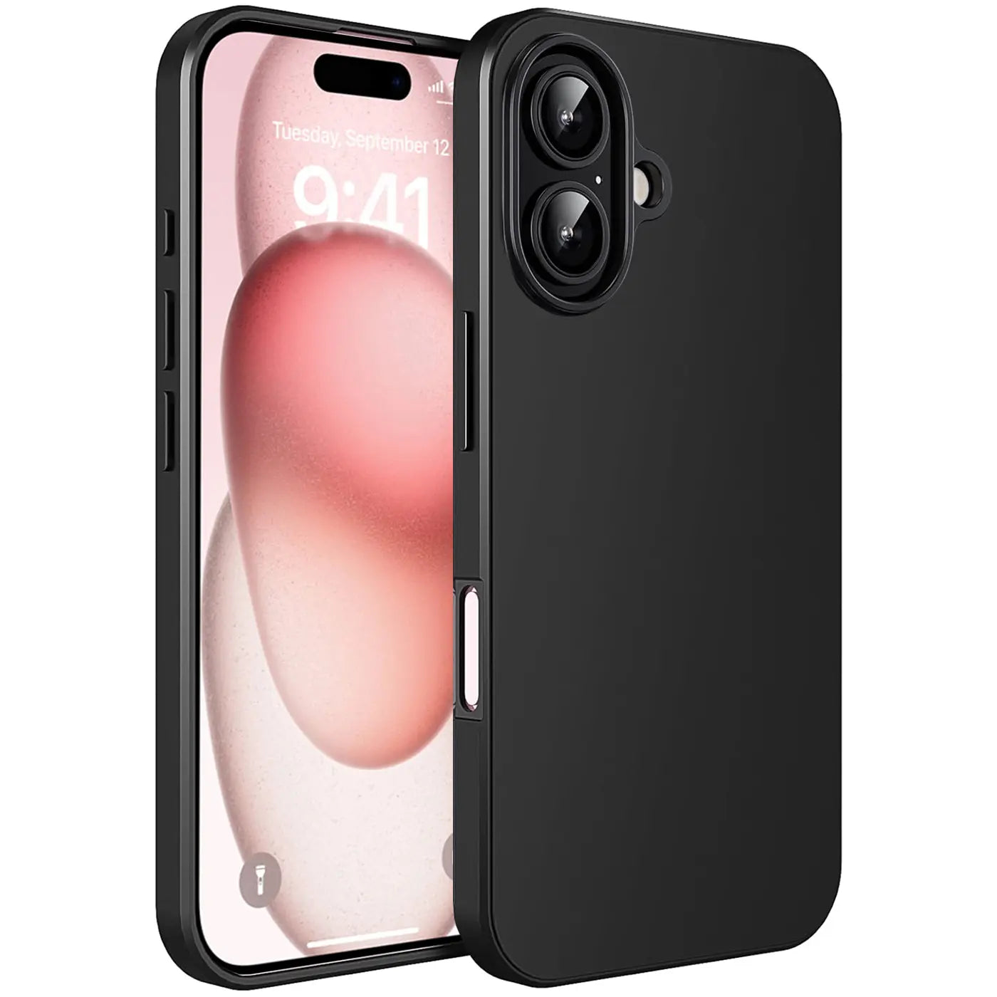 Schwarze Silikonhülle auf einem iPhone 16 Plus, von schräg vorne gesehen.
