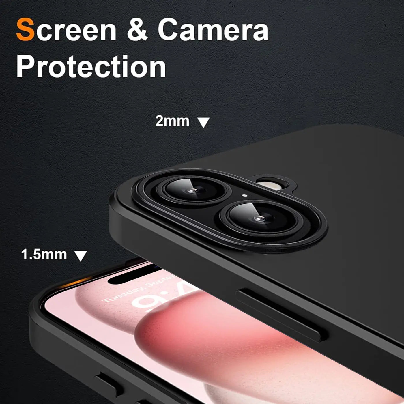Schwarze Silikonhülle auf iPhone 16 Plus, Nahaufnahme von Kamera und Display.