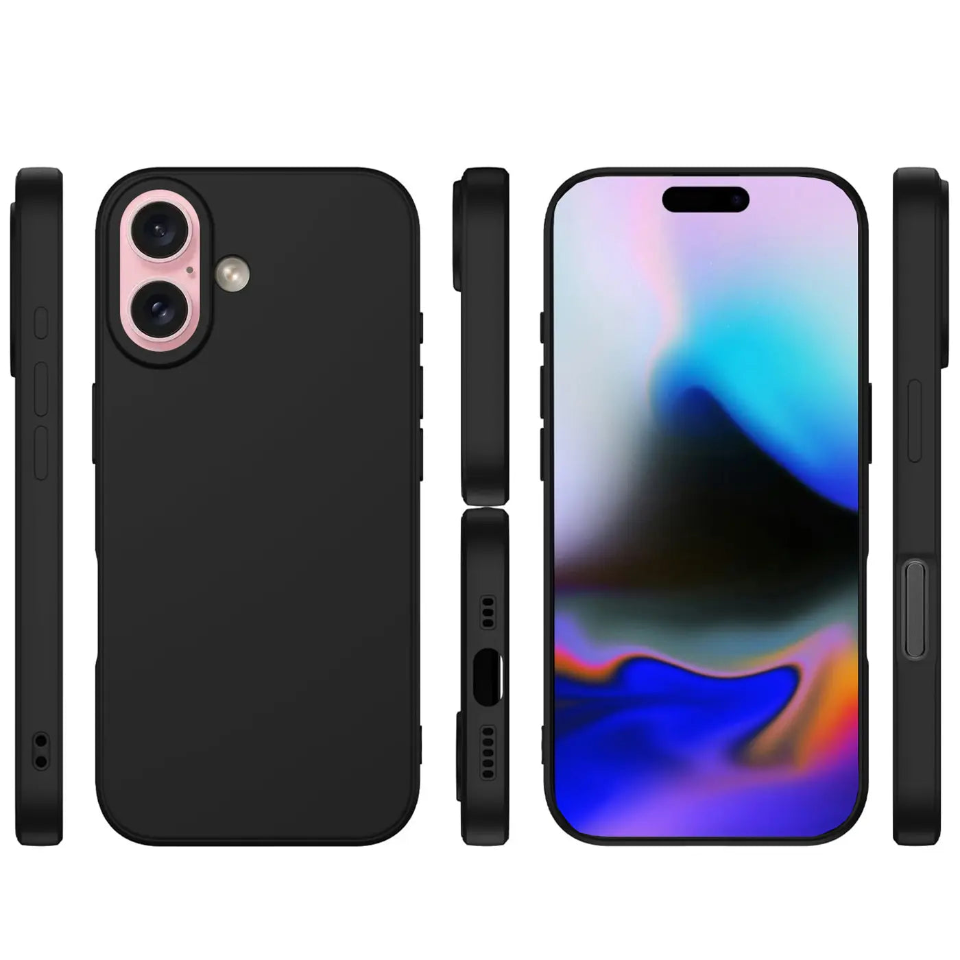 Schwarze Silikonhülle, Rückseite und Seitenansichten, iPhone 16 Plus mit Display.