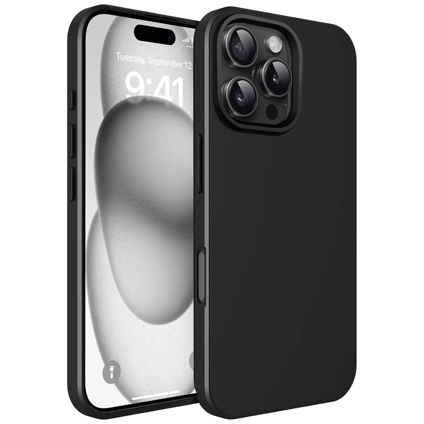 Schwarze Silikonhülle matt, seitliche Ansicht, iPhone 16 Pro Max mit Display.