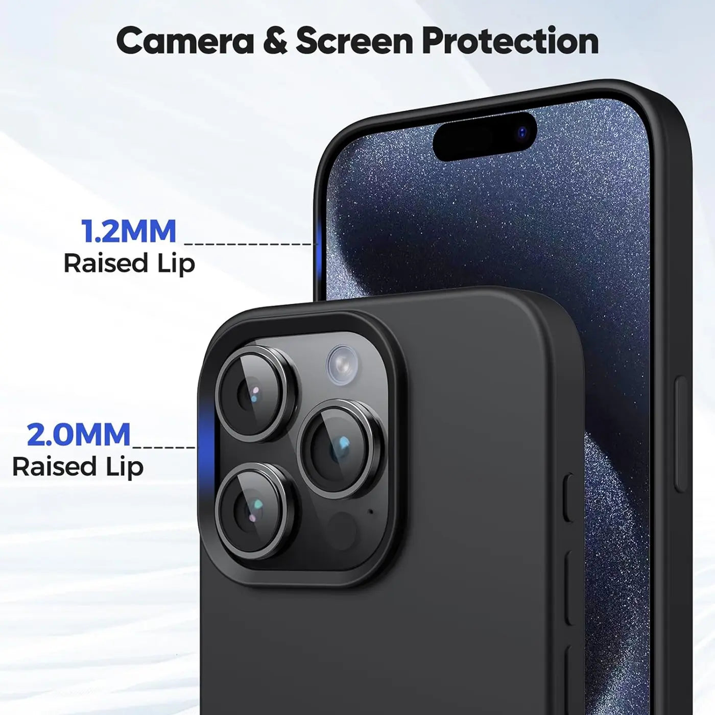 Schwarze Silikonhülle mit erhöhten Rändern für iPhone 16 Pro Max, Nahaufnahme der Kamera.
