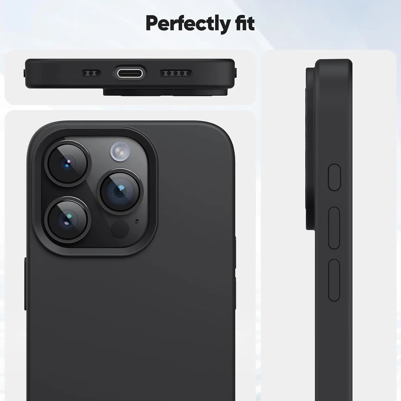 Schwarze Silikonhülle für iPhone 16 Pro, von hinten, Seite und unten gezeigt.