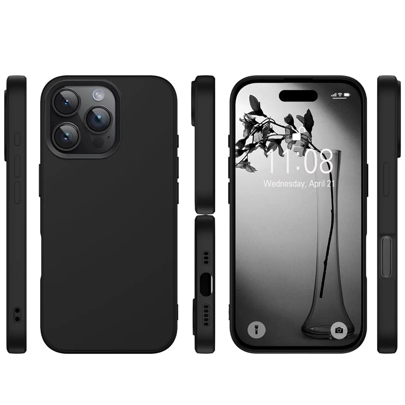 Schwarze Silikonhülle für iPhone 16 Pro, matt, von vorne, Seite, Rückseite, Display.