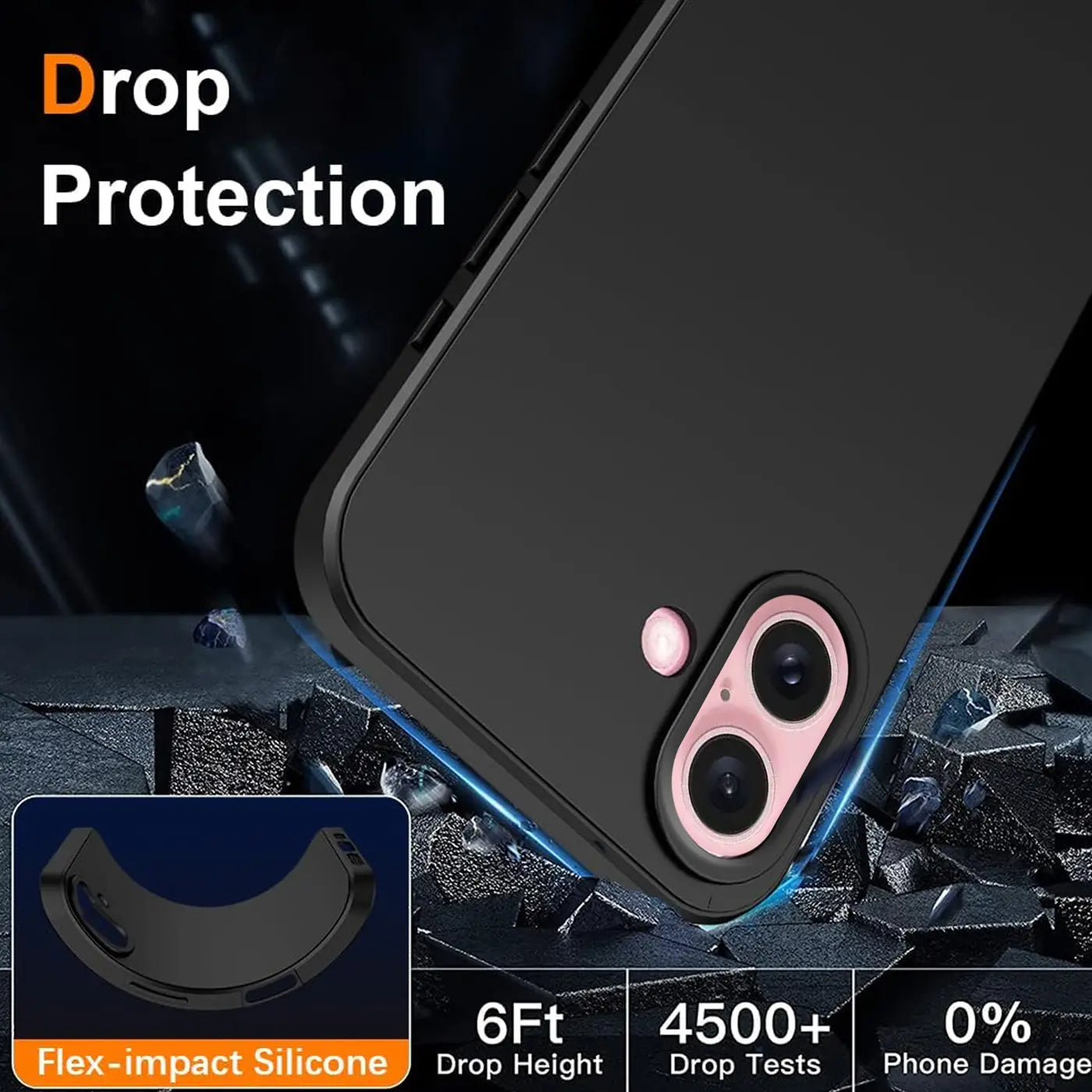 Schwarze matte Silikonhülle für iPhone 16, Nahaufnahme, Rückseite mit Kamera.