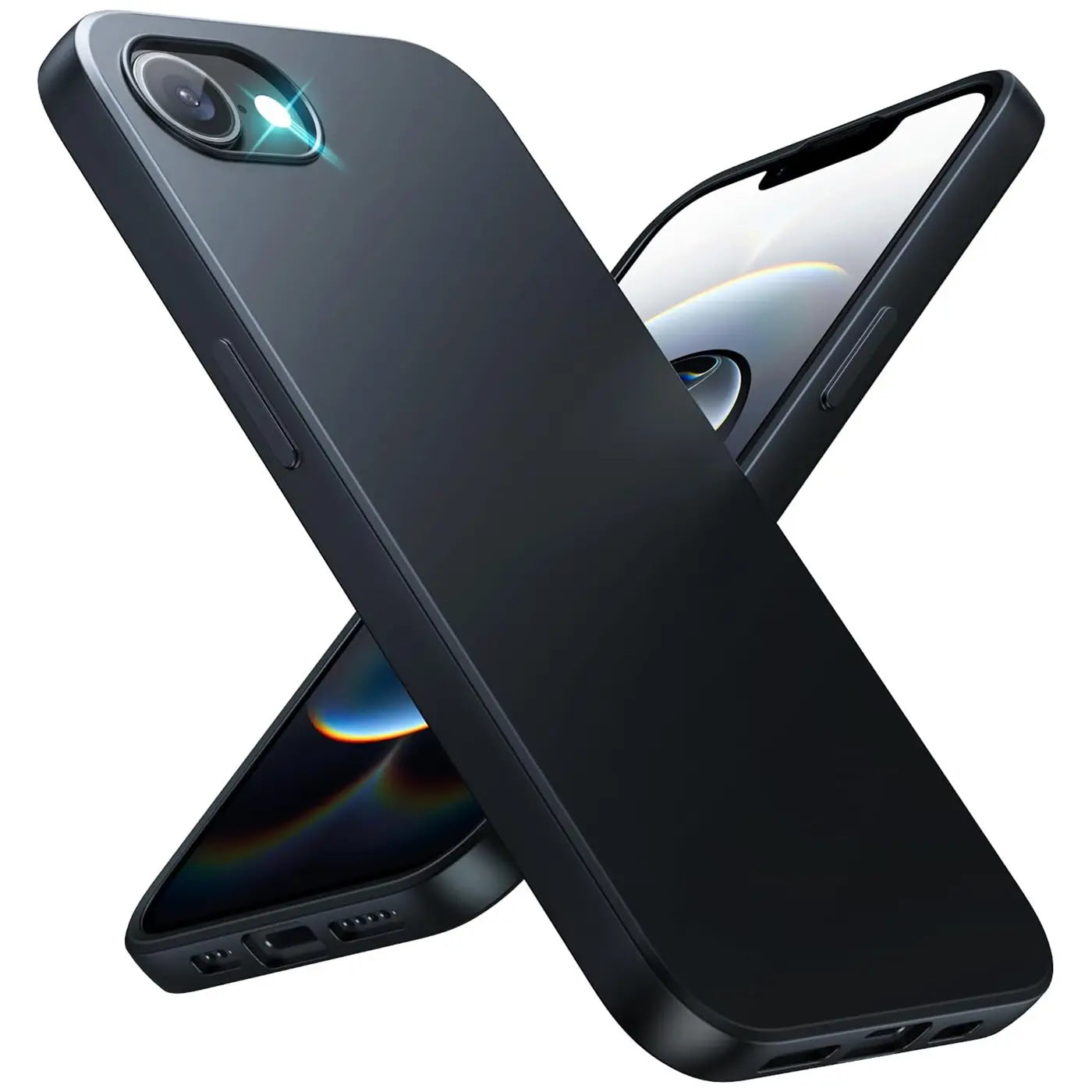 Schwarze Silikonhülle für iPhone 16e, matt, von vorne/oben, mit Gerät