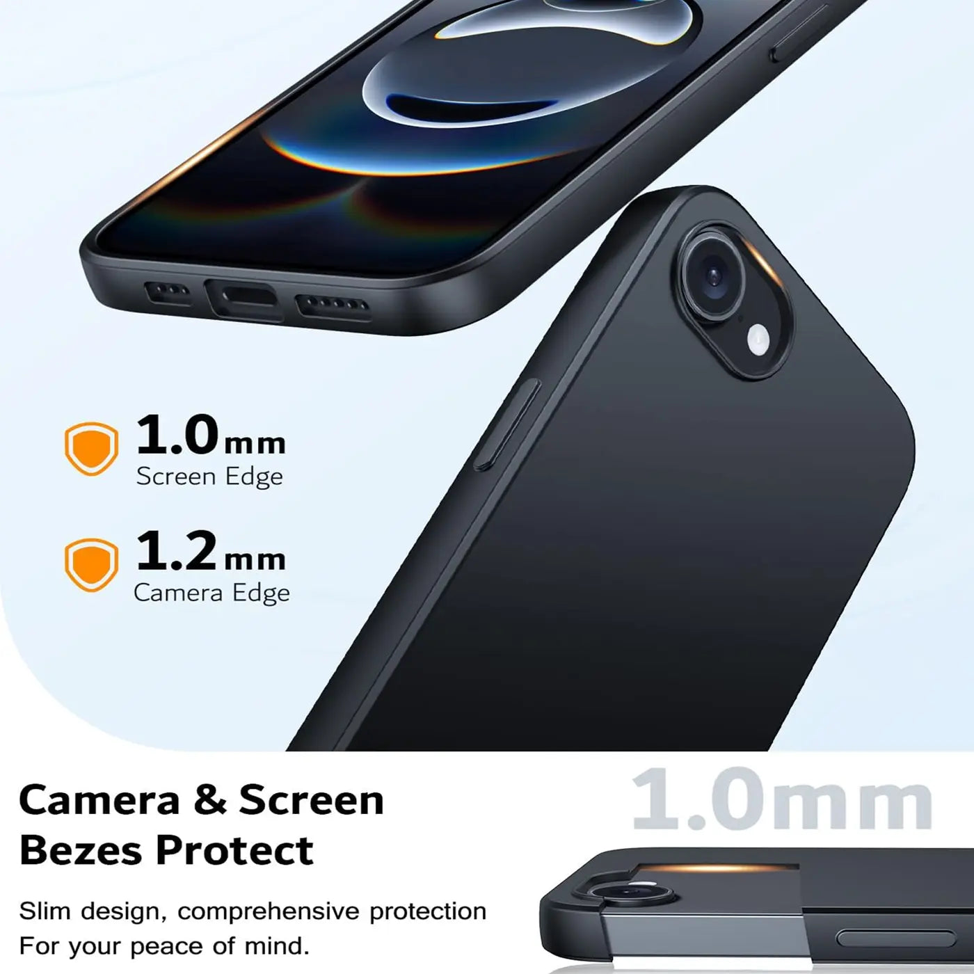 Schwarze Silikonhülle für iPhone, Rückansicht, Nahaufnahme, 1.0mm Display-/1.2mm Kamera-Rand