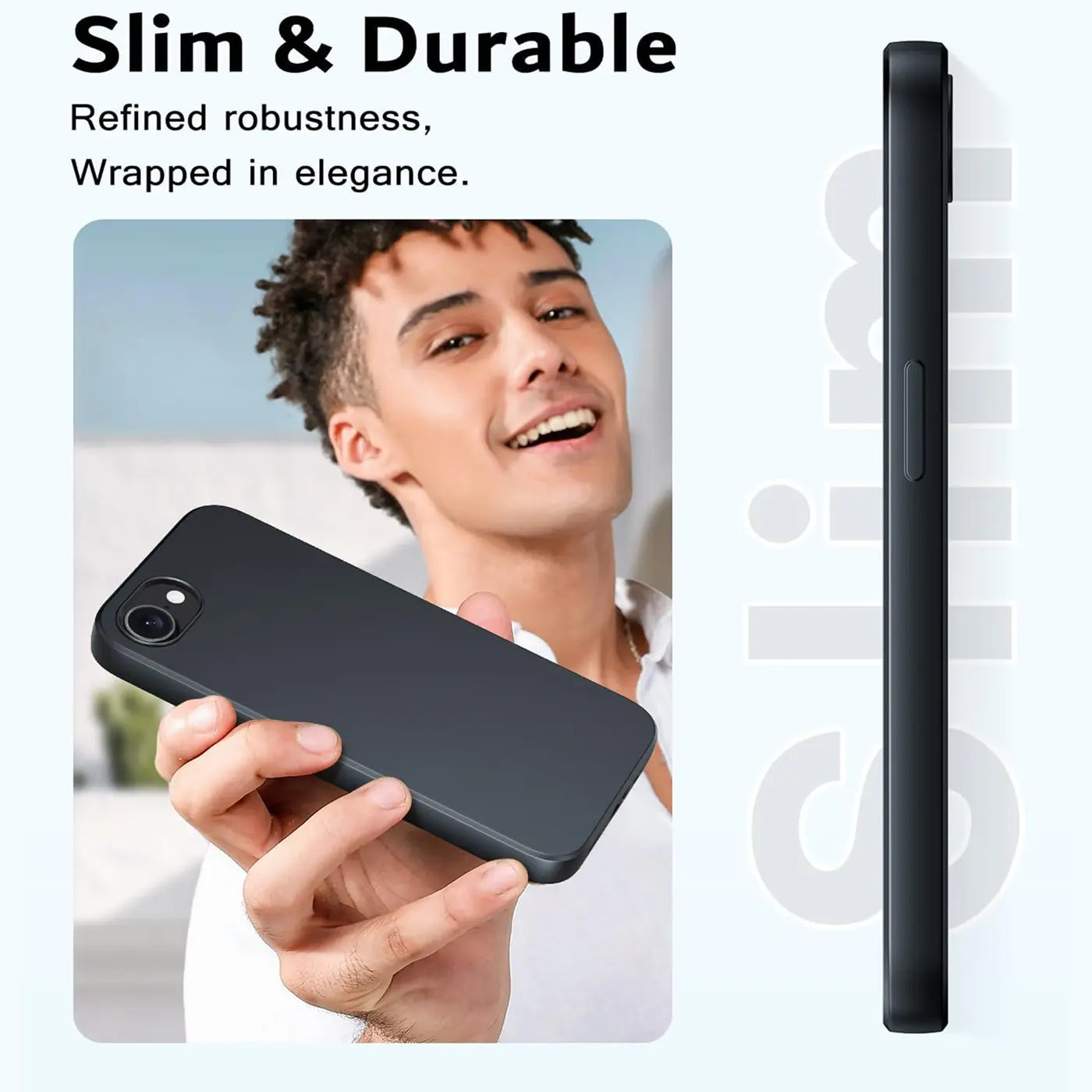 Schwarze Silikonhülle matt, von vorne und seitlich gezeigt, hält ein iPhone 16e.