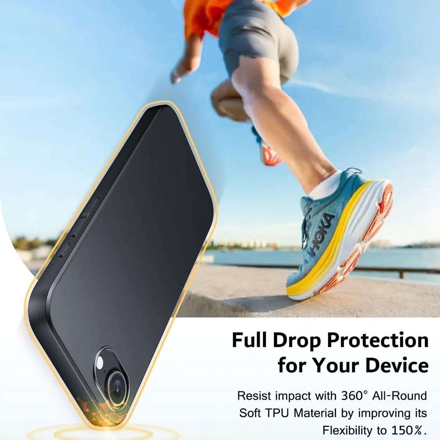 Schwarze, matte Silikonhülle für iPhone 16e, von schräg oben, mit Läufer im Hintergrund.
