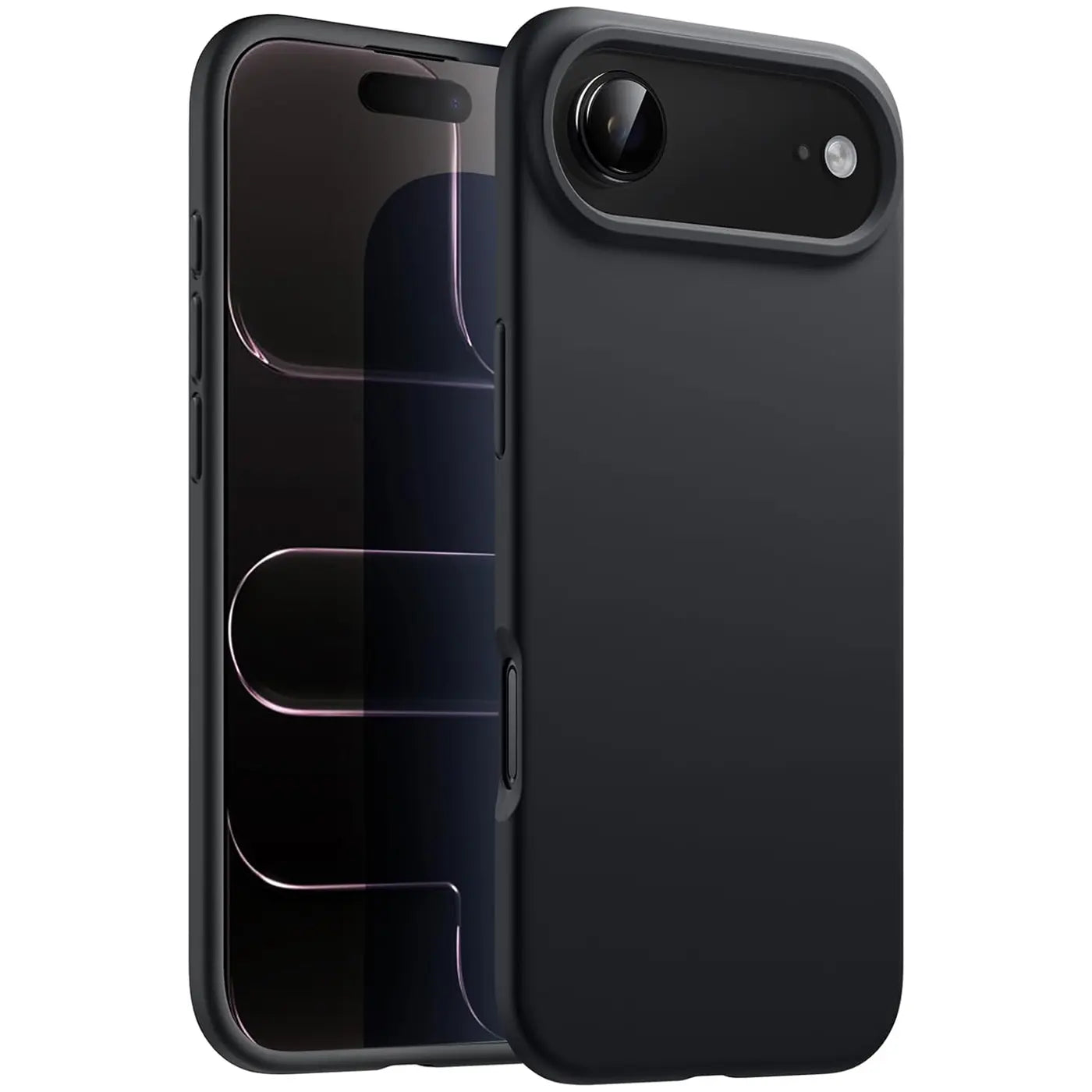 Schwarze Silikonhülle für iPhone 17 Air, matt, von vorne links, mit Kameraausschnitt.