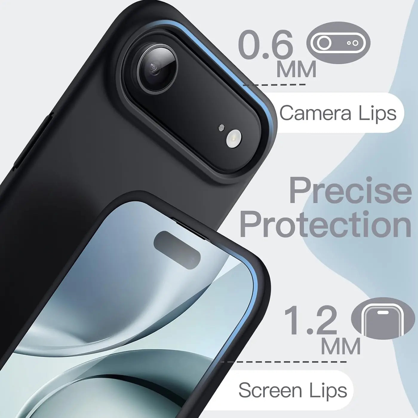 Schwarze Silikonhülle für iPhone, Nahaufnahme, Kamera und Bildschirm mit Schutzlippen