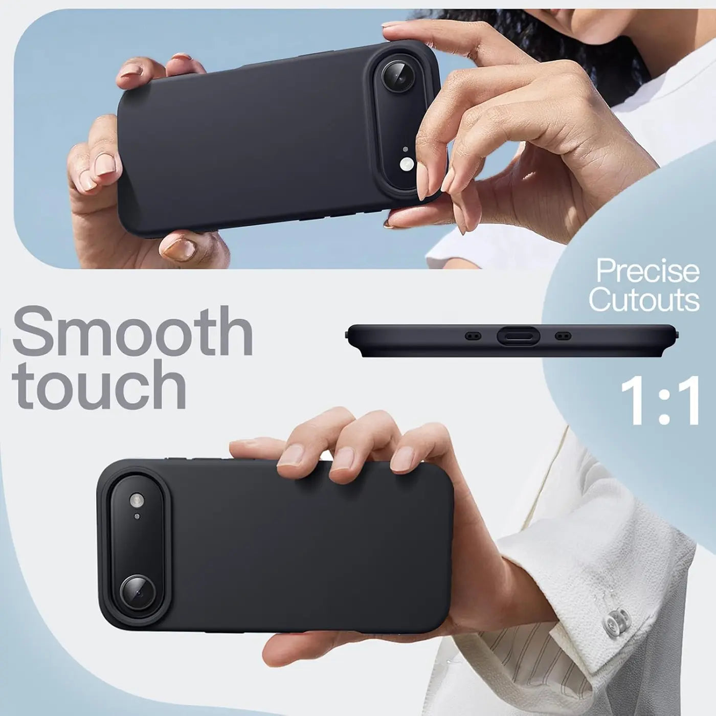 Schwarze, matte Silikonhülle für iPhone 17 Air, von vorne und von der Seite gezeigt.