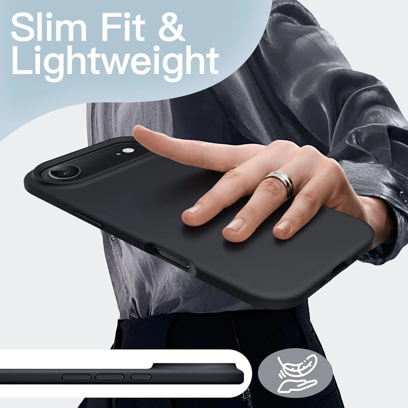 Schwarze, matte Silikonhülle für iPhone 17 Air, von oben links gezeigt.
