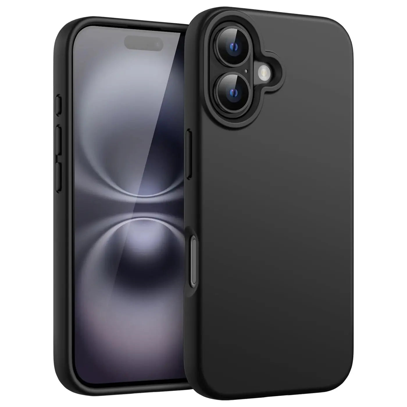 Schwarze Silikonhülle matt, von vorne links, mit iPhone 17