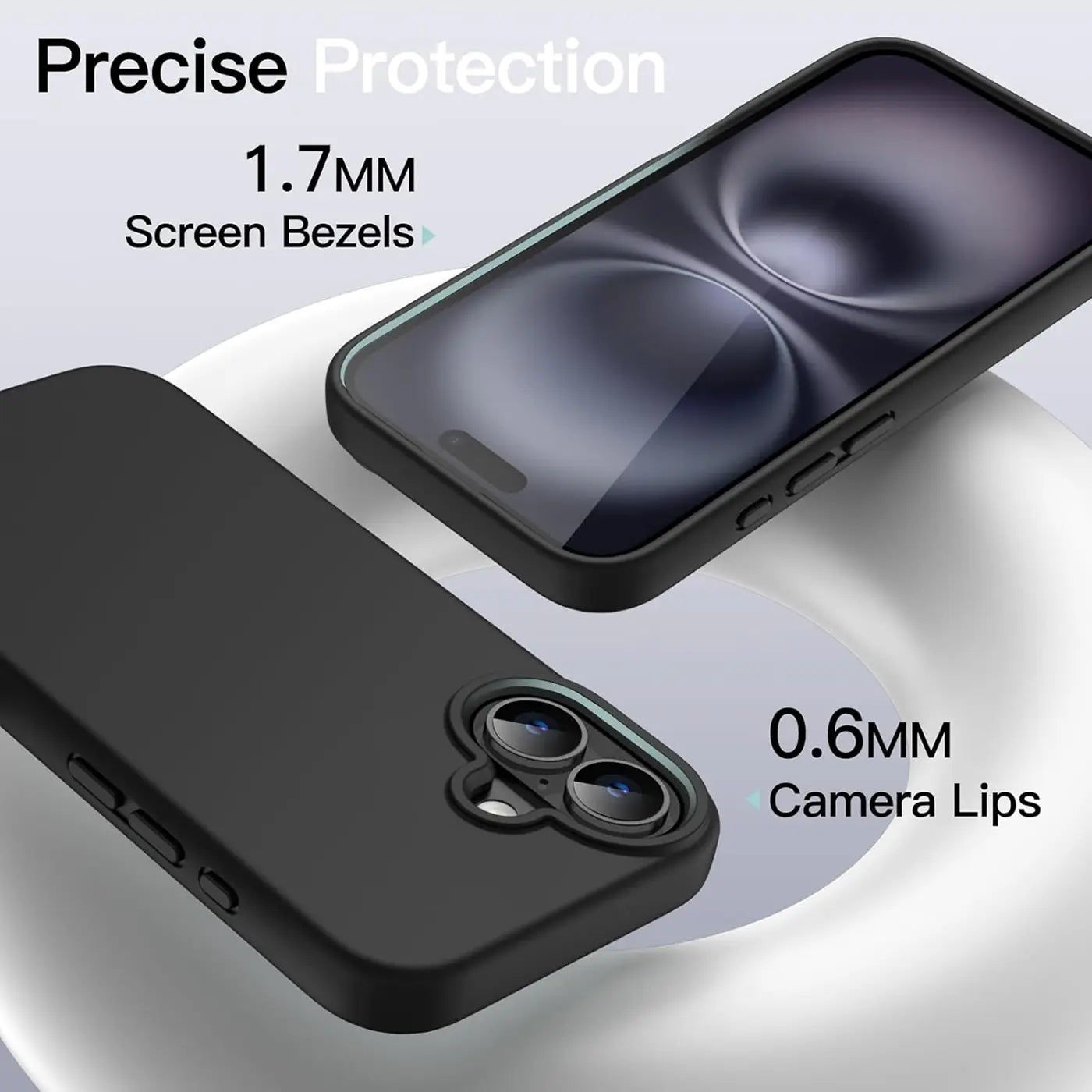 Schwarze Silikonhülle für iPhone, von oben und seitlich gezeigt.