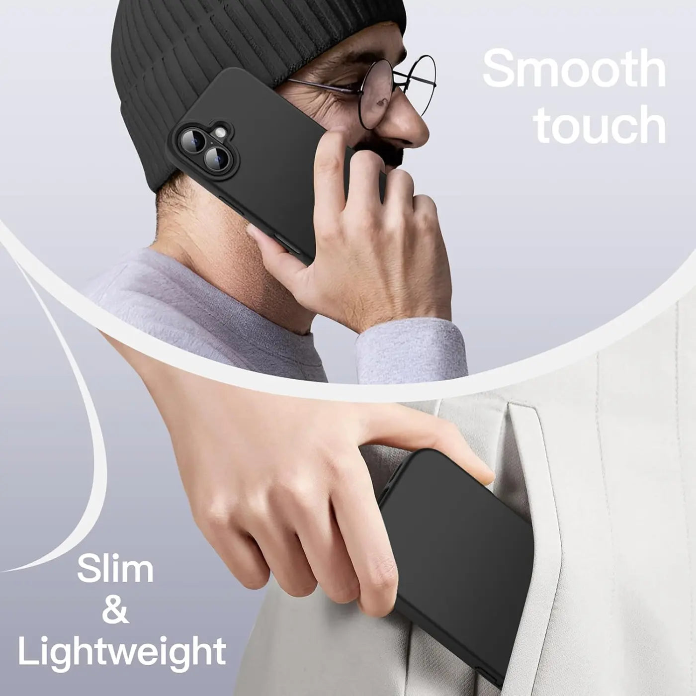 Schwarze Silikonhülle matt, seitliche Ansicht, iPhone 17 wird gehalten und in Tasche gesteckt.