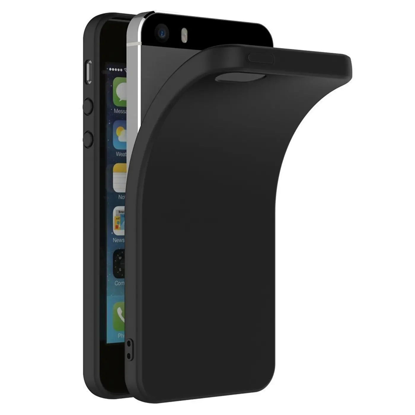 Schwarze matte Silikonhülle für iPhone 5/5S/SE, von links gezeigt, mit teilweise eingesetztem Gerät.