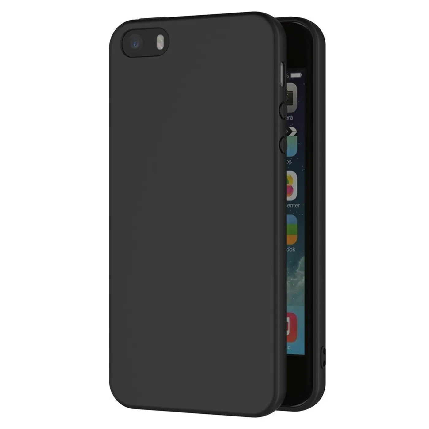 Schwarze matte Silikonhülle für iPhone 5/5S/SE, von schräg vorne gezeigt.