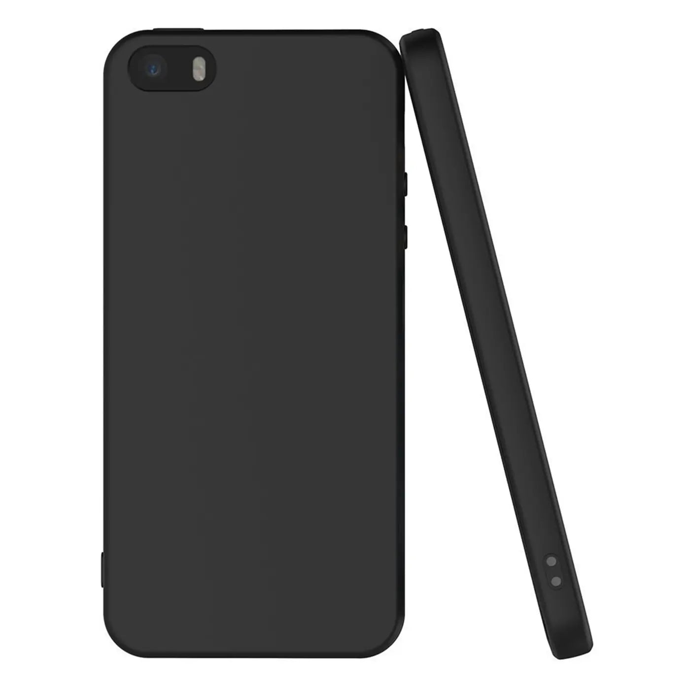 Schwarze matte Silikonhülle für iPhone 5/5S/SE, Rückansicht und Seitenansicht.