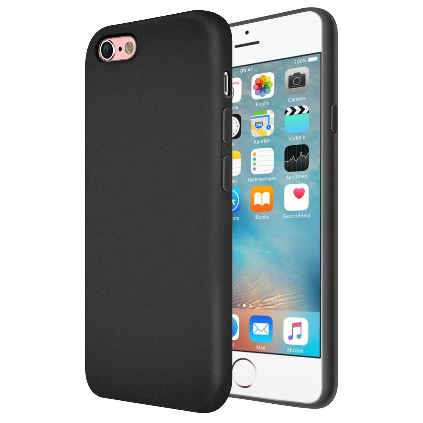 Schwarze Silikonhülle auf einem iPhone 6/6S, von vorne links, matt.