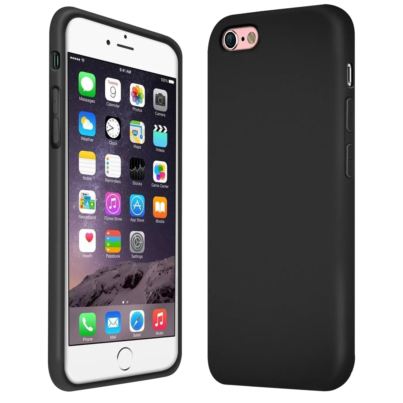 Schwarze Silikonhülle auf einem iPhone 6/6S, Vorder- und Rückansicht.