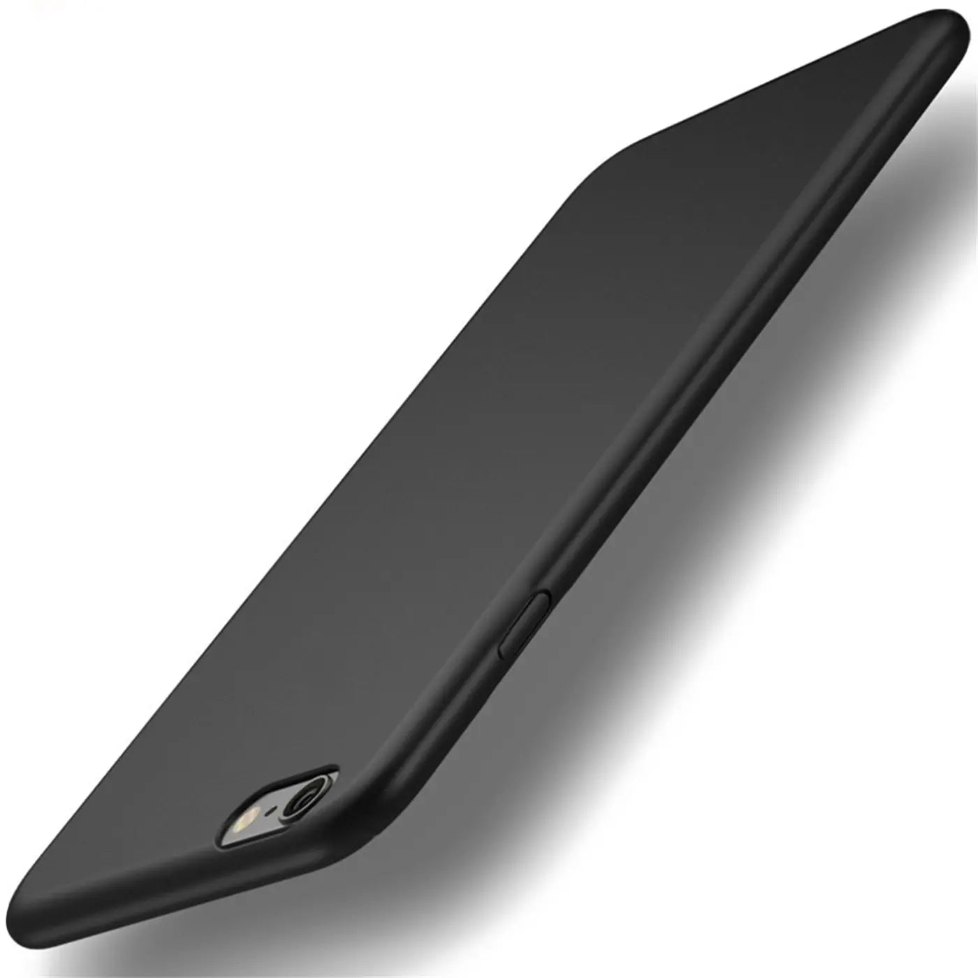 Schwarze Silikonhülle für iPhone 6/6S, matt, von schräg oben fotografiert.