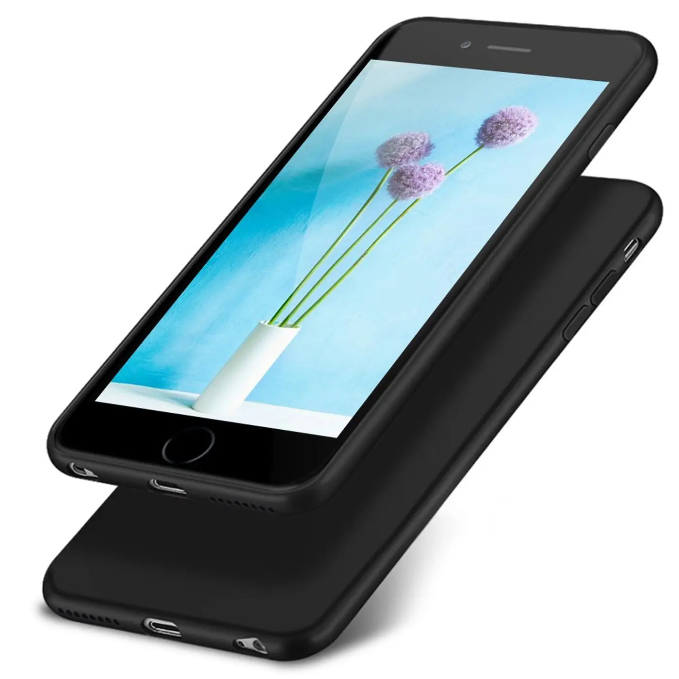 Schwarze Silikonhülle für iPhone 6/6S, matt, von vorne/oben, mit Blumenmotiv auf dem Display.