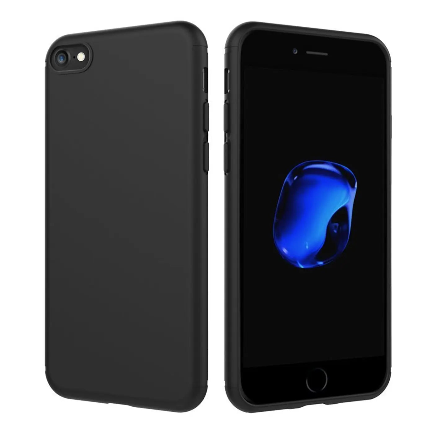 Schwarze Silikonhülle für iPhone 6/6S, matt, von vorne und von hinten gezeigt.