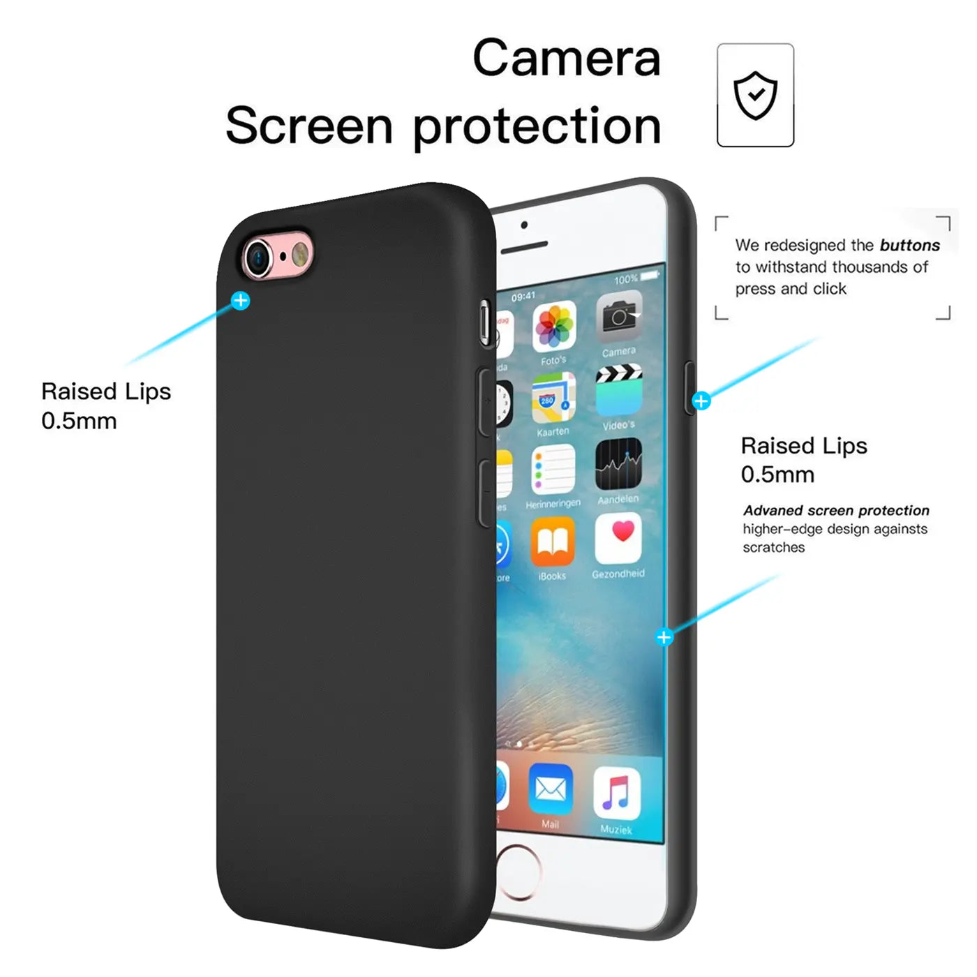 Schwarze Silikonhülle auf einem iPhone 6/6S, Seitenansicht.