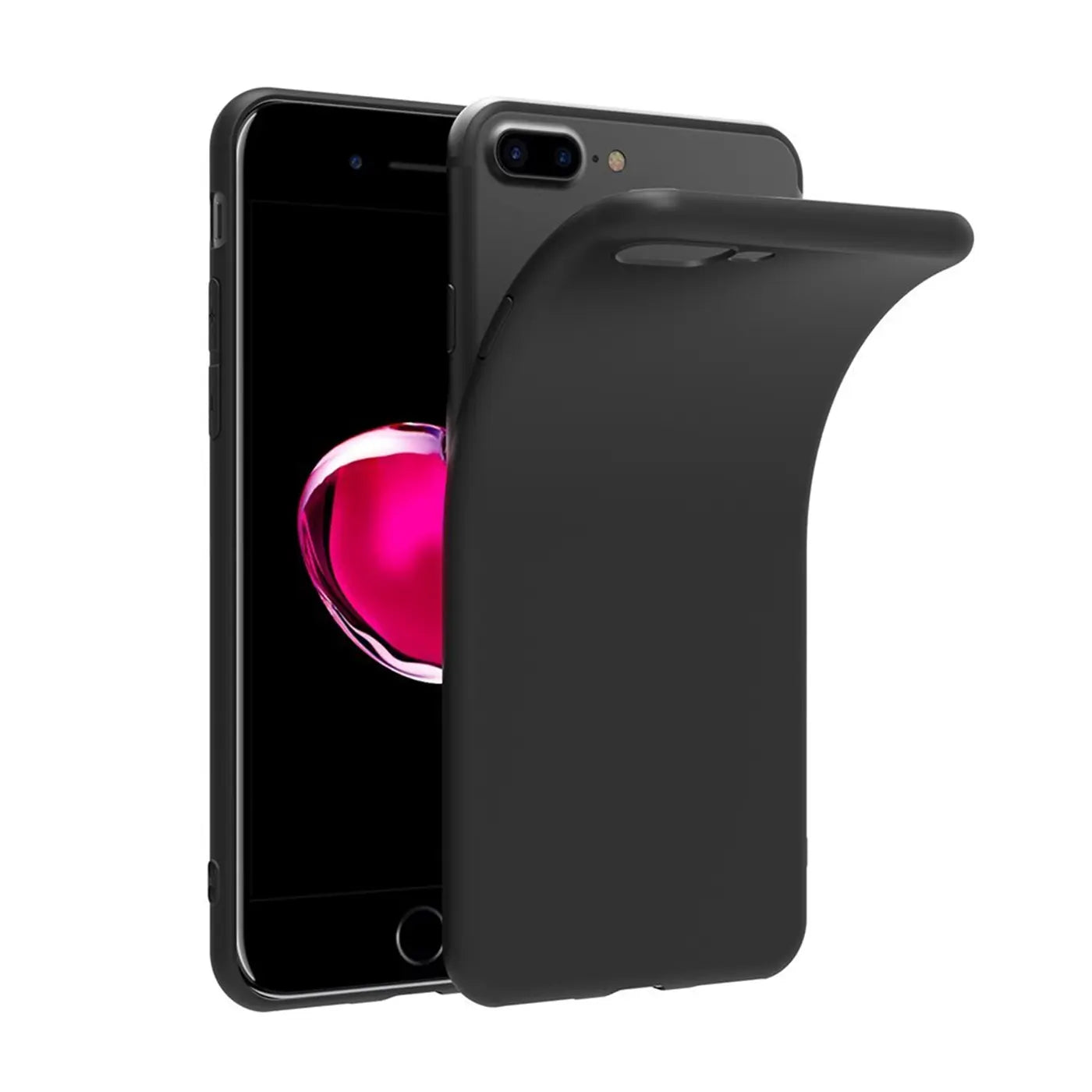 Schwarze Silikonhülle, matt, schräg von vorne, zeigt iPhone 7 Plus/8 Plus