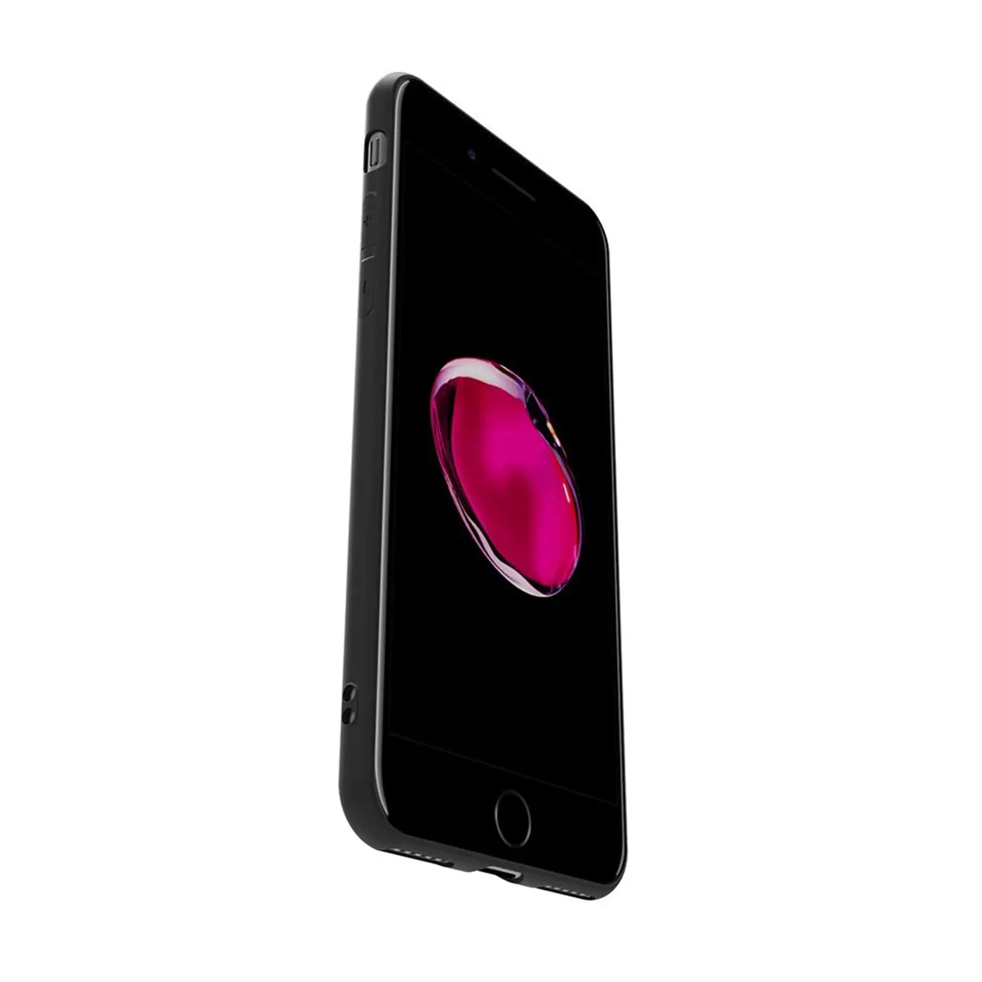 Schwarzes iPhone 7 Plus/8 Plus mit matter Silikonhülle, von schräg rechts.