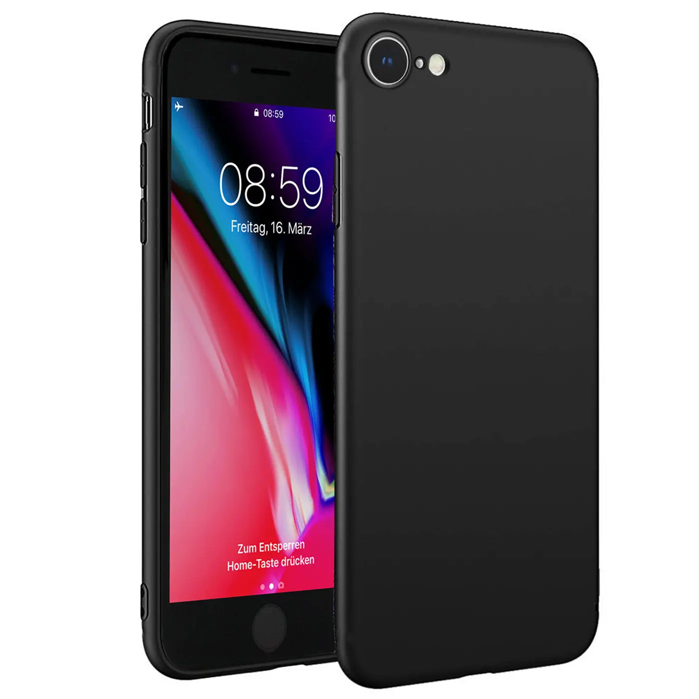 Schwarzes mattes Silikon-Case auf einem iPhone 7/8/SE, von schräg vorne