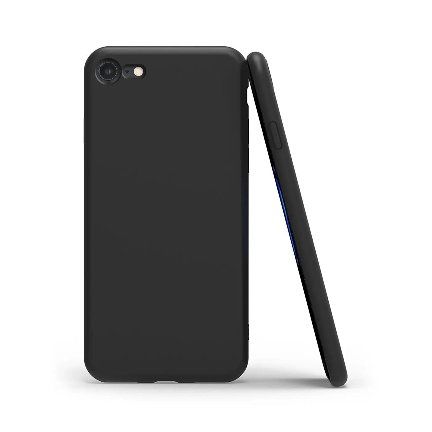 Schwarze matte Silikonhülle für iPhone 7/8/SE, von der Seite und Rückseite gezeigt.