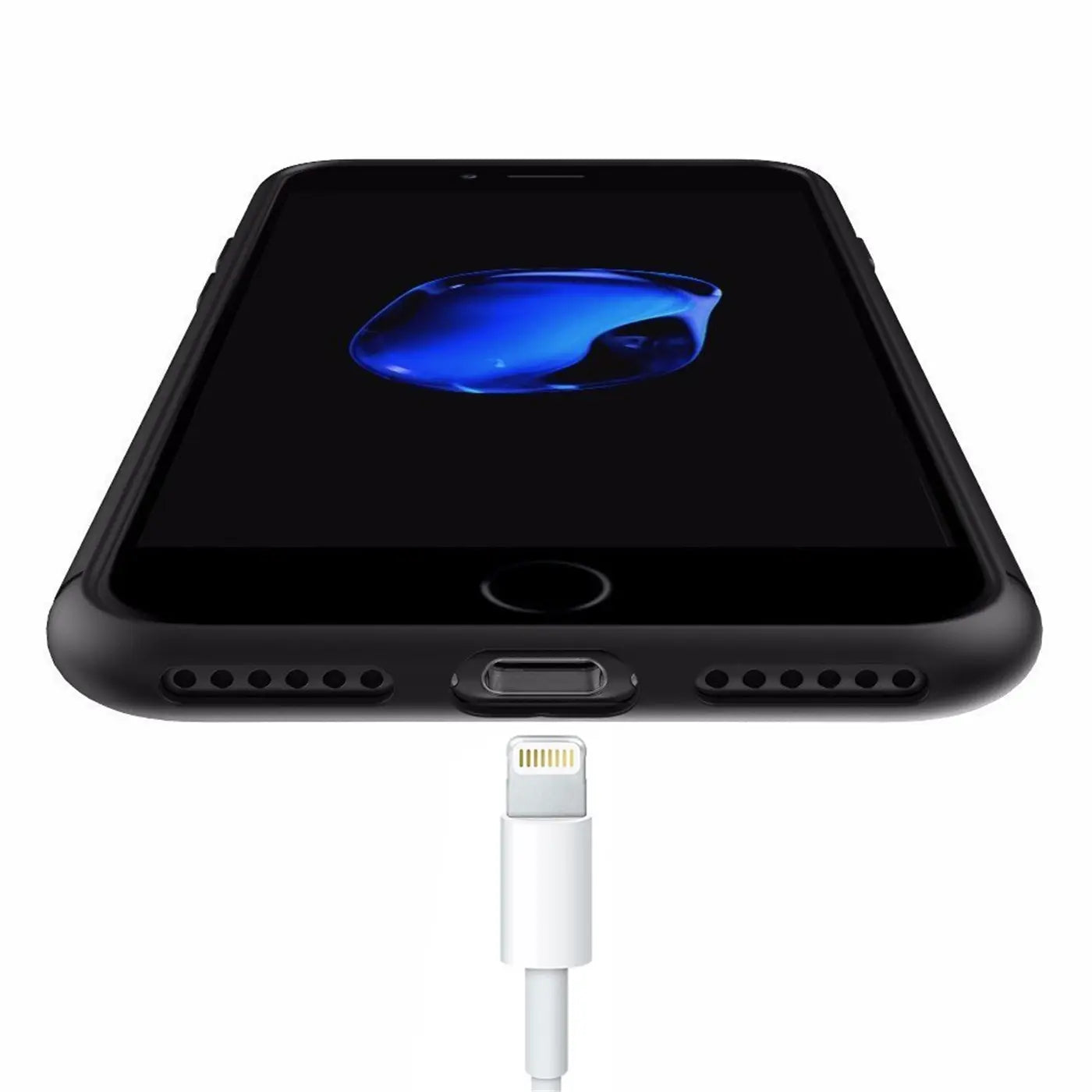 Schwarzes iPhone 7/8/SE mit Ladekabel, von unten, Silikonhülle.