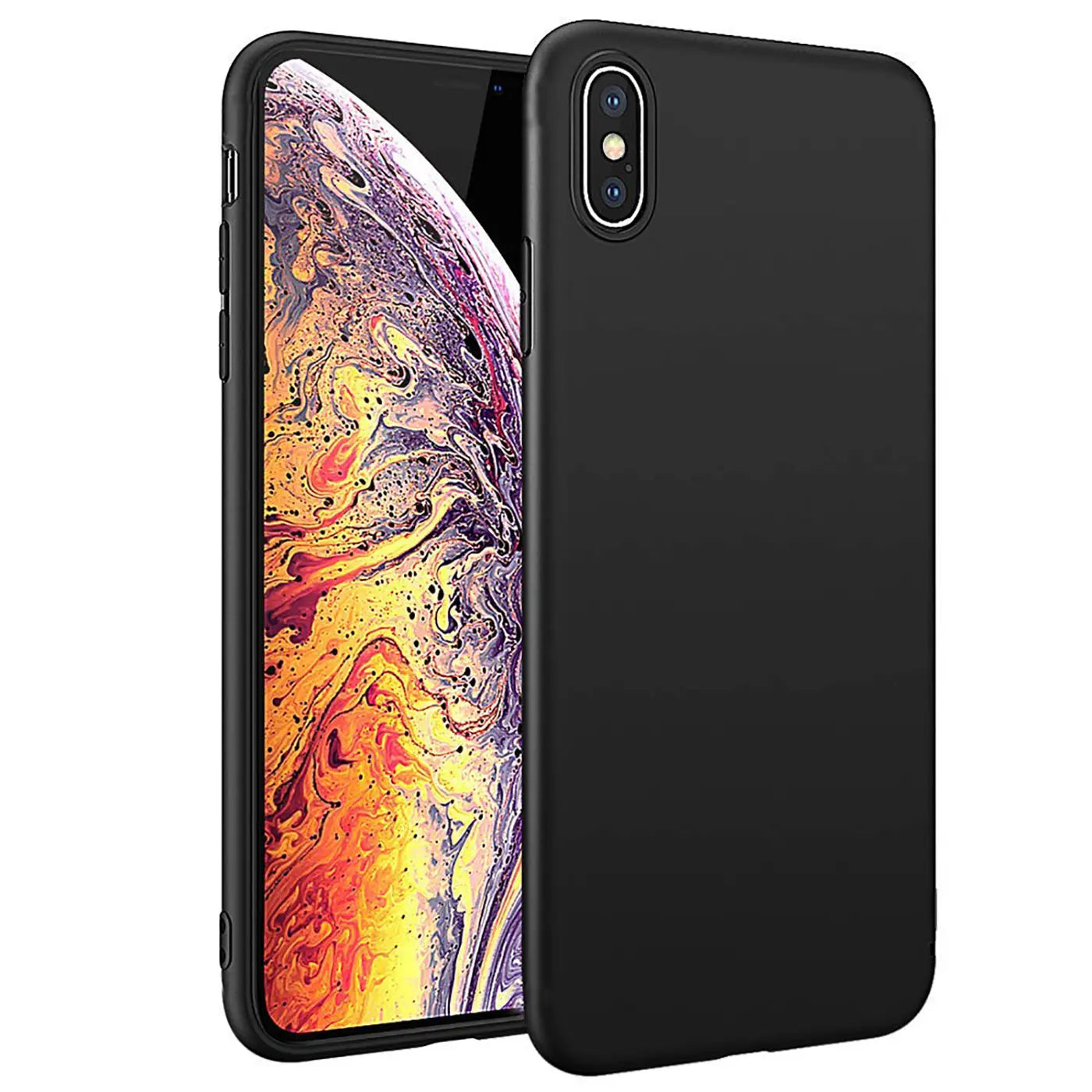 Schwarze Silikonhülle auf einem iPhone X/XS, Seitenansicht.