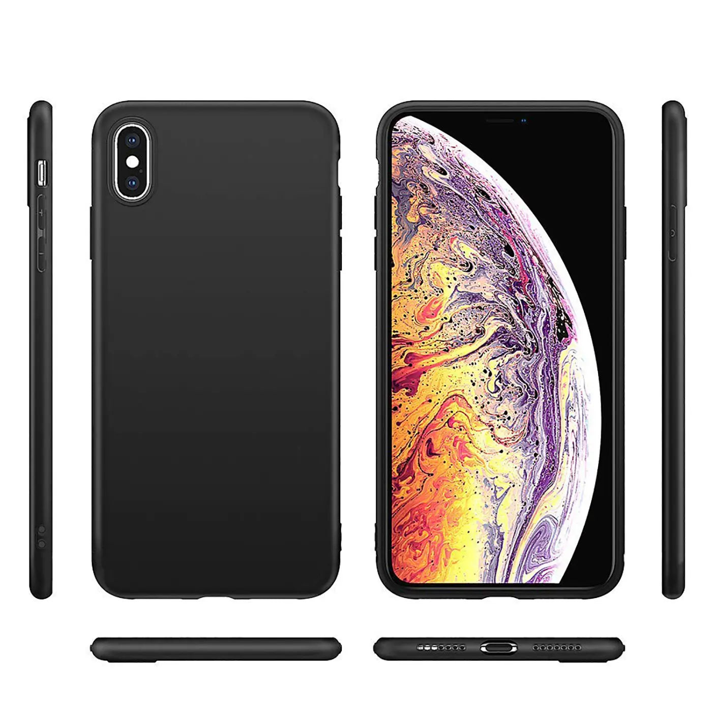 Schwarze Silikonhülle für iPhone X/XS, matt, von vorne, hinten und Seite gezeigt.