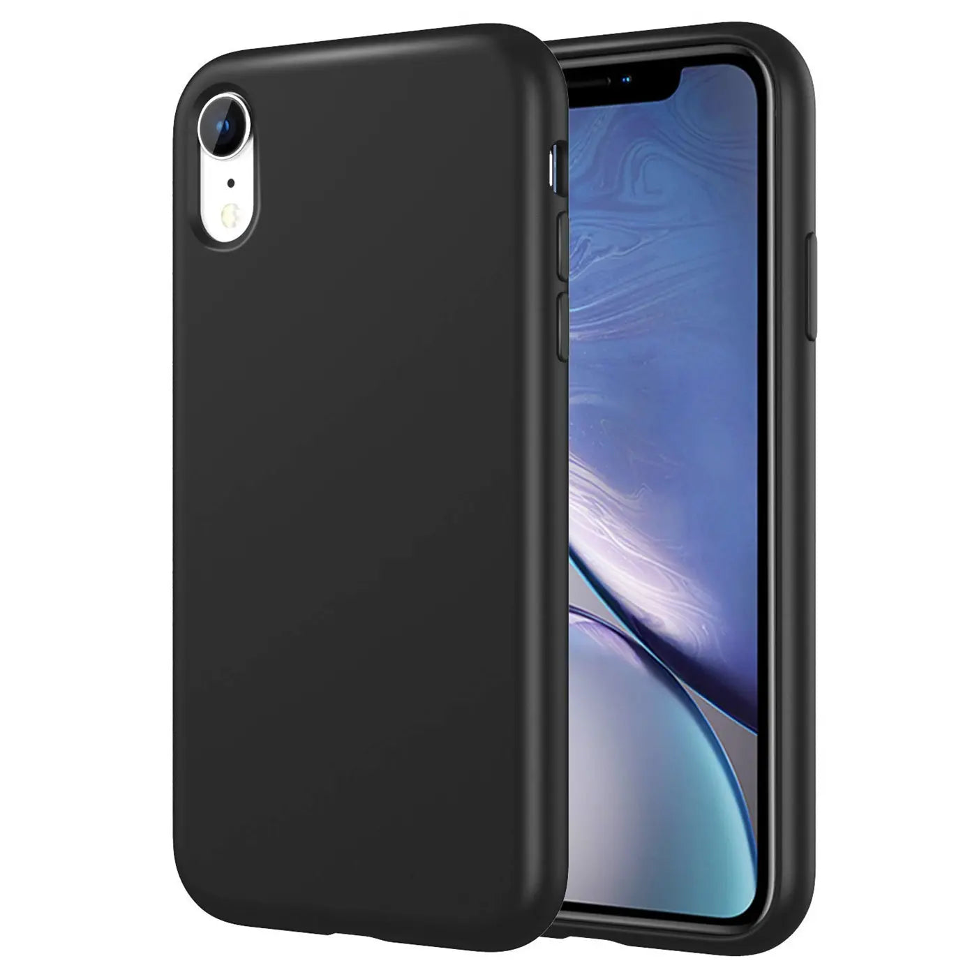 Schwarze Silikonhülle für iPhone XR, von vorne links, matt, mit erkennbarem Gerät.